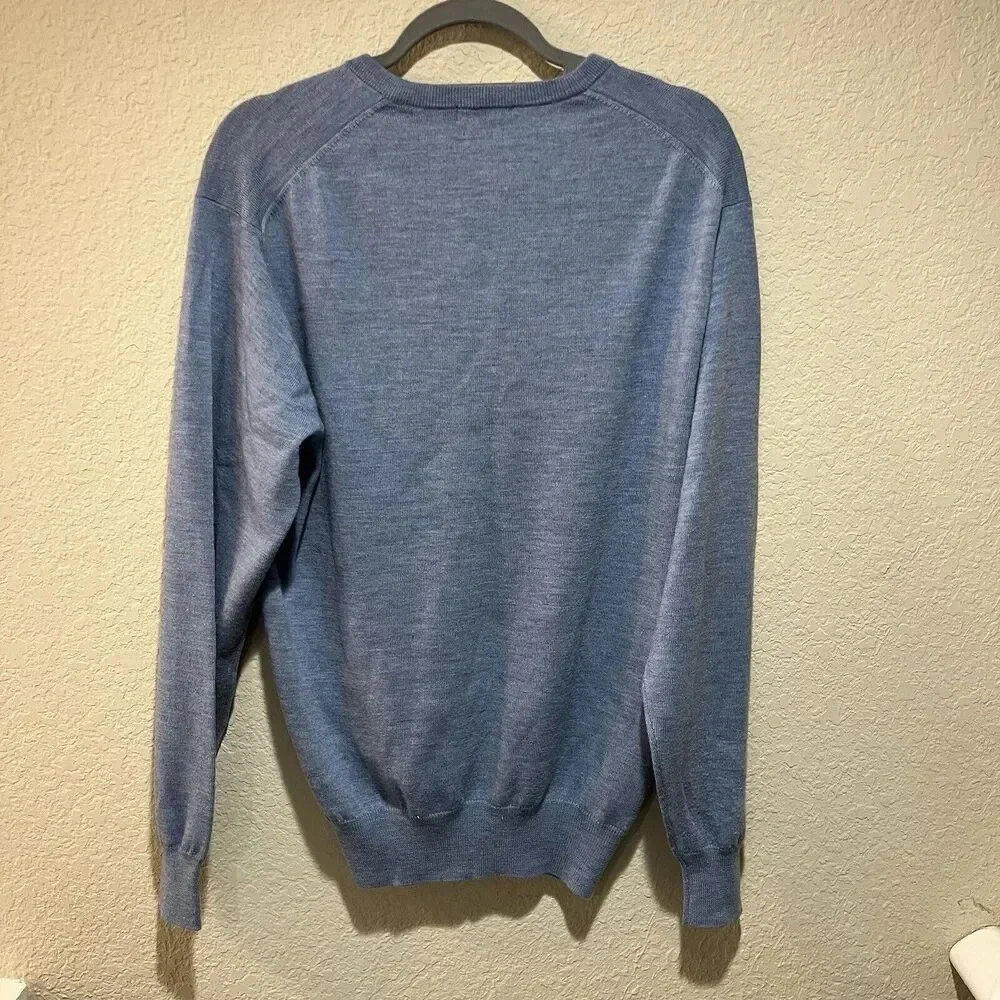 Peter Millar Blue Merino Wool V Neck Sweater Men Large Flag Embroidered USA Flaw